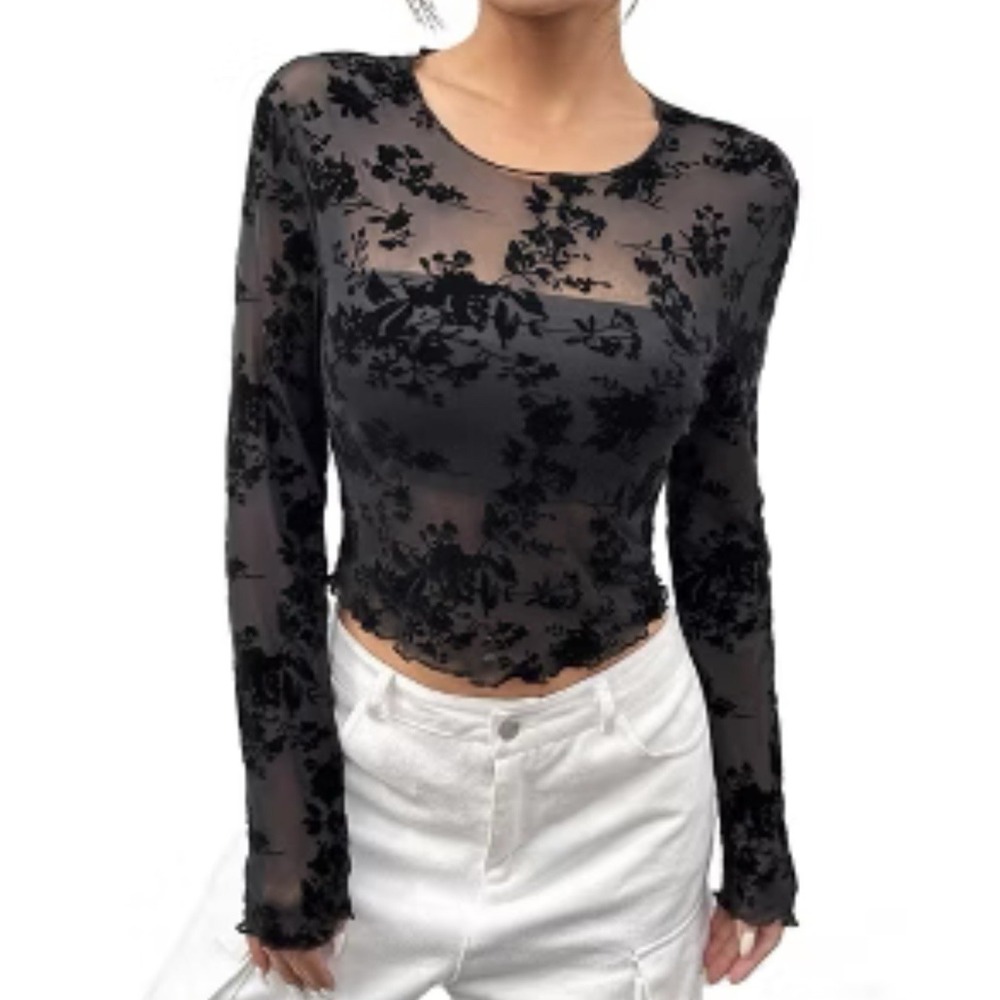 Floral flocked Sheer Mesh Burnout Velvet Cropped Long Sleeve Sz XL Black